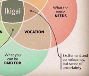 A partial diagram of the Ikigai model showing the intersection of 'What the world needs' and 'What you can be paid for,' labeled 'Vocation,' with a description noting 'Excitement and complacency, but sense of uncertainty.'